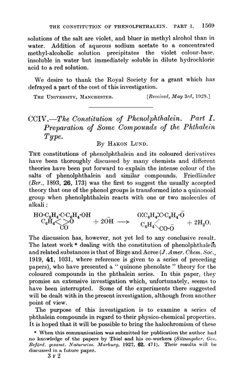 CCIV.—The constitution of phenolphthalein. Part I. Preparation of some compounds of the phthalein type