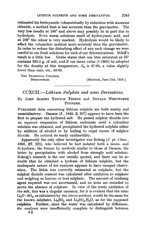 CCXCII.—Lithium sulphite and some derivatives