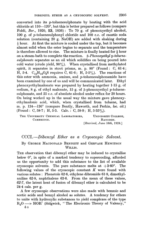 CCCI.—Dibenzyl ether as a cryoscopic solvent