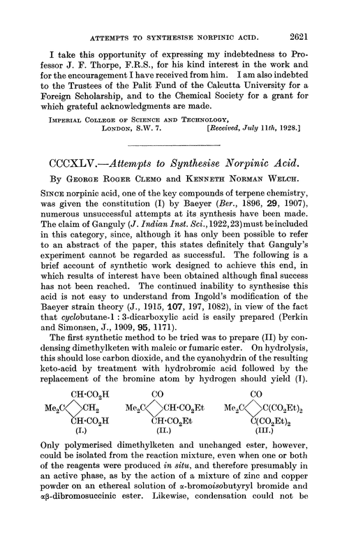 CCCXLV.—Attempts to synthesise norpinic acid