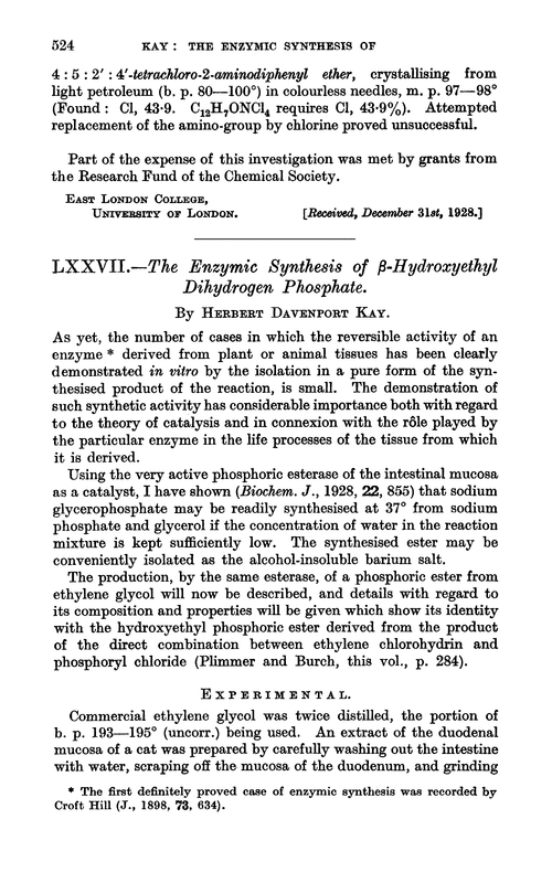 LXXVII.—The enzymic synthesis of β-hydroxyethyl dihydrogen phosphate