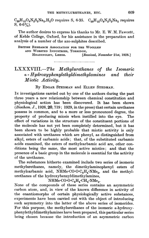 LXXXVIII.—The methylurethanes of the isomeric α-hydroxyphenylethyldimethylamines and their miotic activity