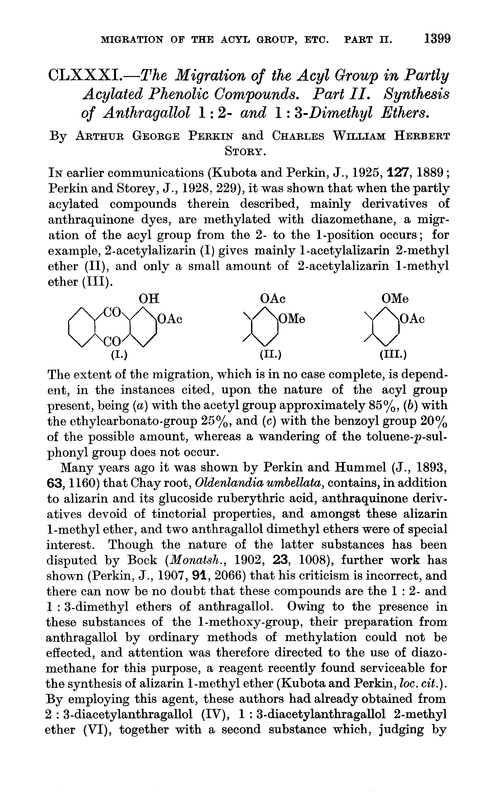 CLXXXI.—The migration of the acyl group in partly acylated phenolic compounds. Part II. Synthesis of anthragallol 1 : 2- and 1 : 3-dimethyl ethers