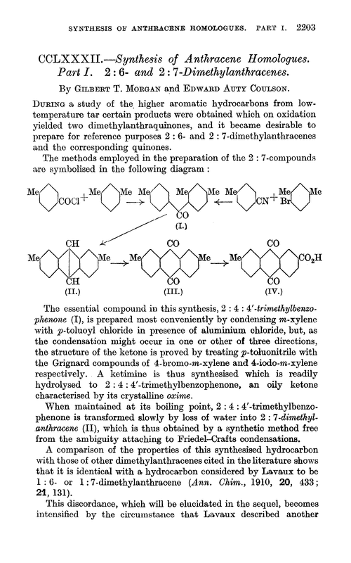 CCLXXXII.—Synthesis of anthracene homologues. Part I. 2 : 6- and 2 : 7-Dimethylanthracenes
