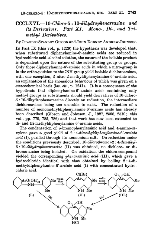 CCCLXVI.—10-Chloro-5 : 10-dihydrophenarsazine and its derivatives. Part XI. Mono-, di-, and trimethyl derivatives