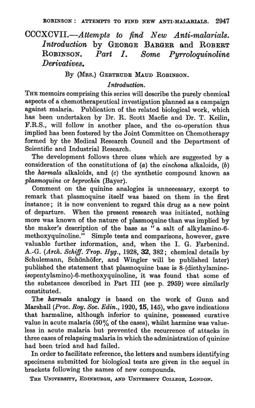 CCCXCVII.—Attempts to find new anti-malarials. Introduction by George Barger and Robert Robinson. Part I. Some pyrroloquinoline derivatives