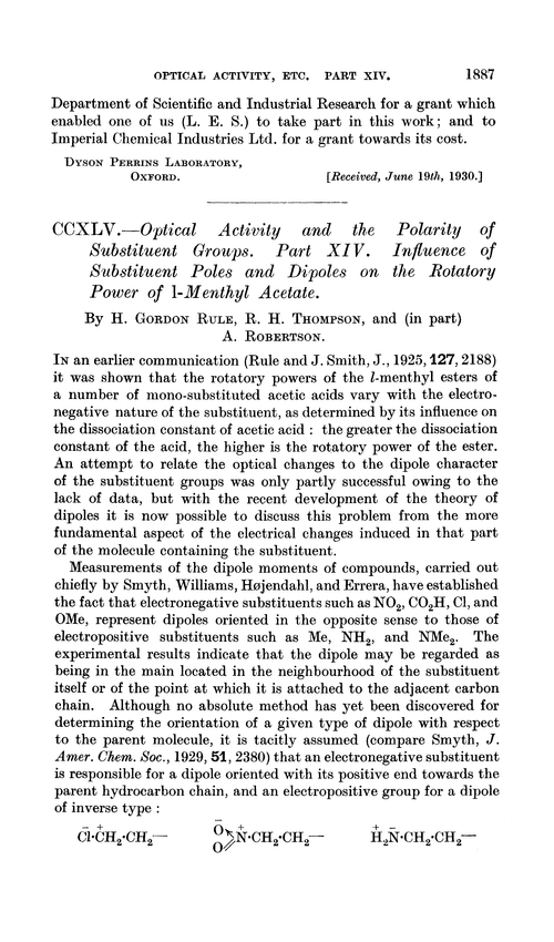 CCXLV.—Optical activity and the polarity of substituent groups. Part XIV. Influence of substituent poles and dipoles on the rotatory power of l-menthyl acetate