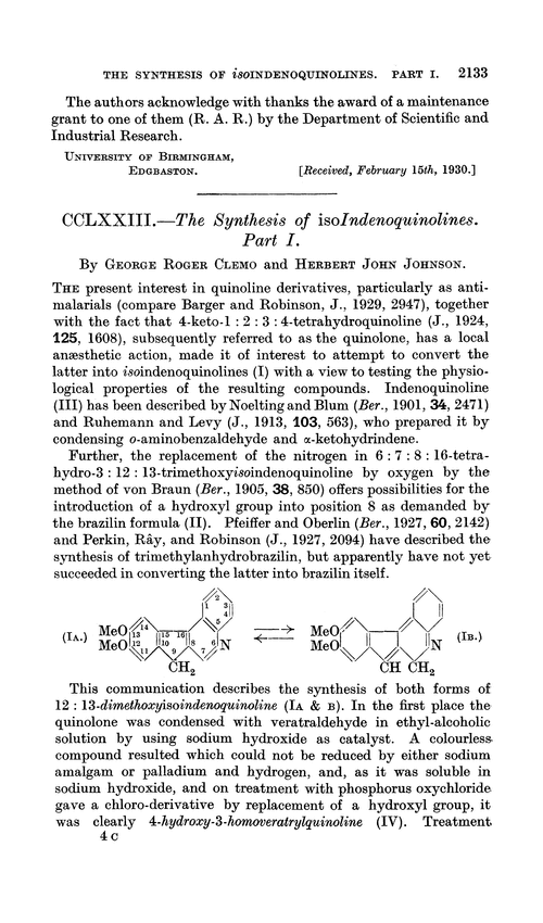 CCLXXIII.—The synthesis of isoindenoquinolines. Part I