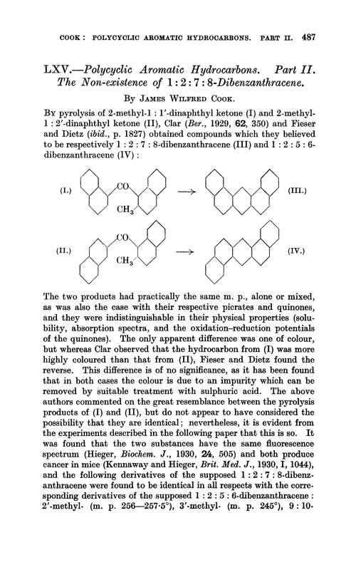LXV.—Poly cyclic aromatic hydrocarbons. Part II. The non-existence of 1 : 2 : 7: 8-dibenzanthracene