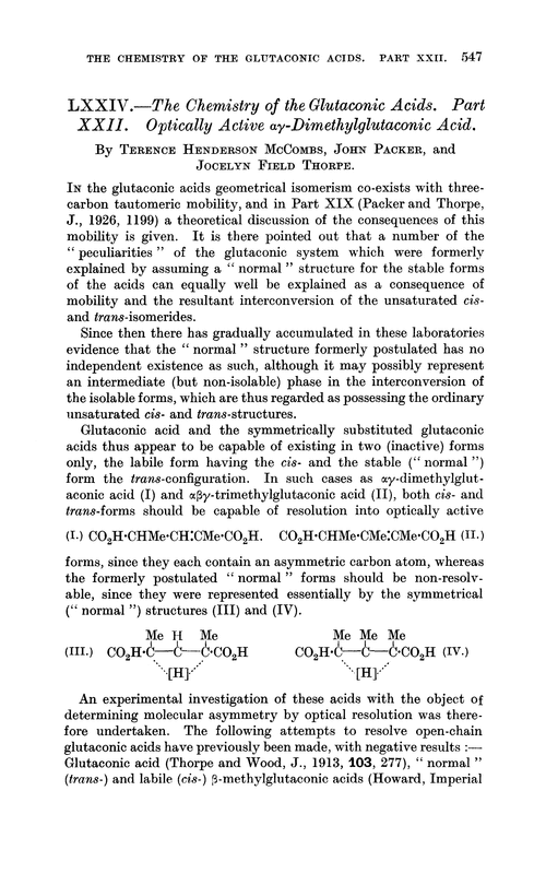 LXXIV.—The chemistry of the glutaconic acids. Part XXII. Optically active αγ-dimethylglutaconic acid
