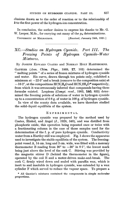 XC.—Studies on hydrogen cyanide. Part III. The freezing points of hydrogen cyanide–water mixtures