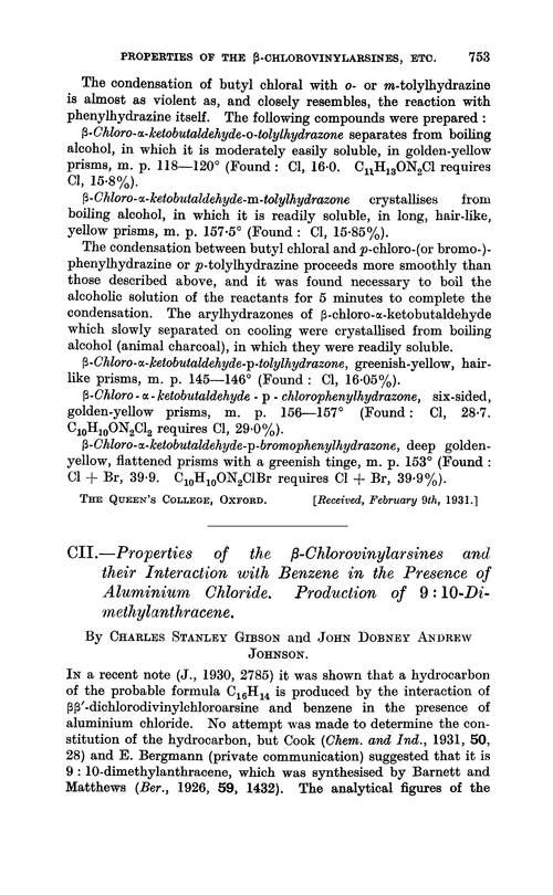 CII.—Properties of the β-chlorovinylarsines and their interaction with benzene in the presence of aluminium chloride. Production of 9 : 10-dimethylanthracene