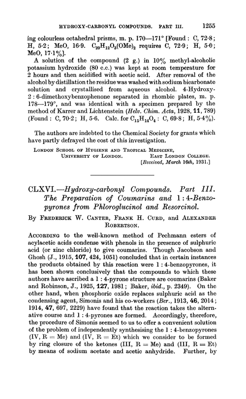 CLXVI.—Hydroxy-carbonyl compounds. Part III. The preparation of coumarins and 1 : 4-benzopyrones from phloroglucinol and resorcinol