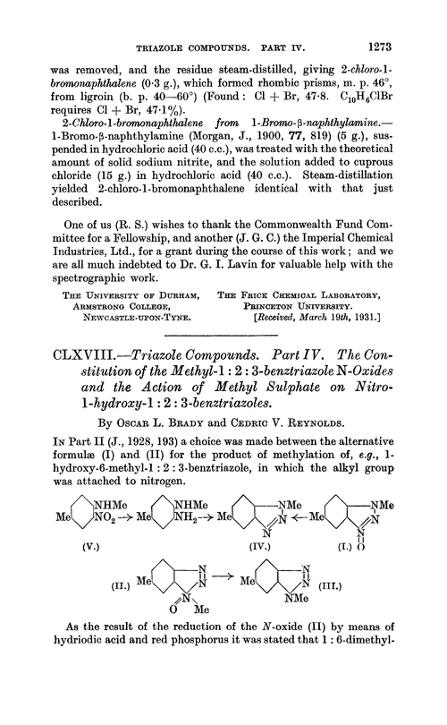 CLXVIII.—Triazole compounds. Part IV. The constitution of the methyl-1 : 2 : 3-benztriazole N-oxides and the action of methyl sulphate on nitro-1-hydroxy-1 : 2 : 3-benztriazoles