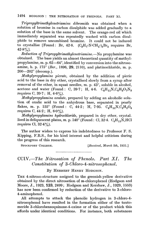 CCIV.—The nitrosation of phenols. Part XI. The constitution of 3-chloro-4-nitrosophenol