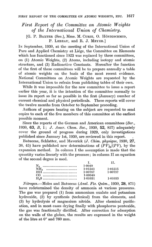 First Report of the Committee on the Atomic Weights of the International Union of Chemistry