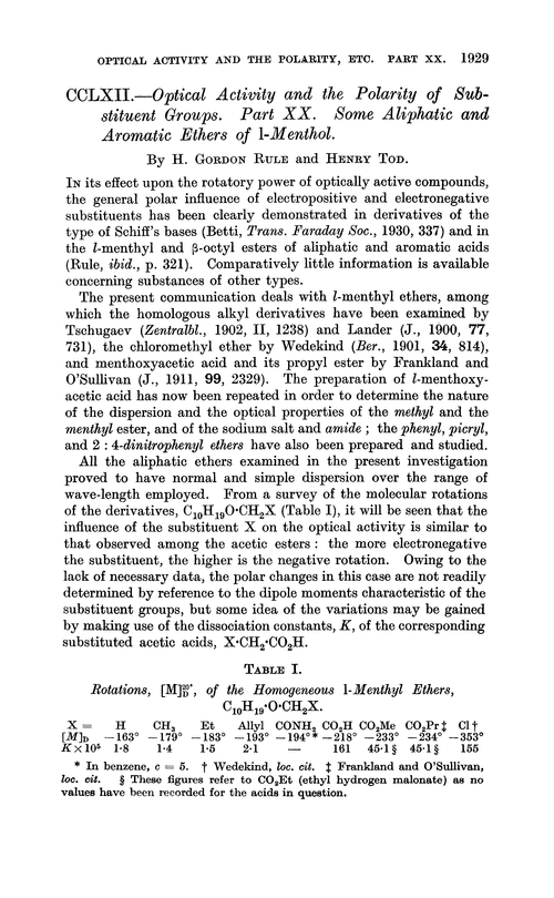 CCLXII.—Optical activity and the polarity of substituent groups. Part XX. Aliphatic and aromatic ethers of l-menthol