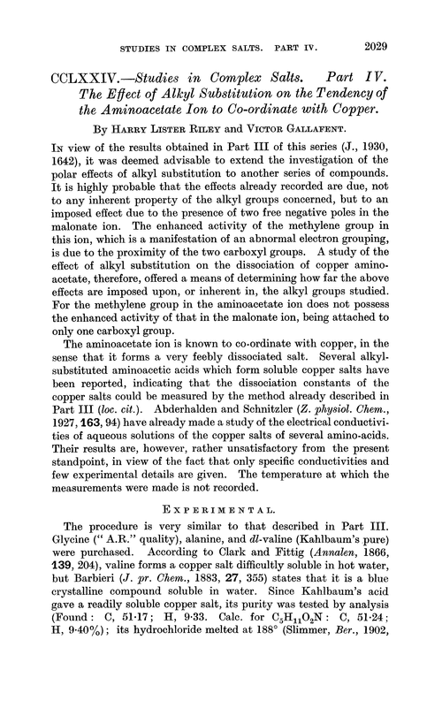 CCLXXIV.—Studies in complex salts. Part IV. The effect of alkyl substitution on the tendency of the aminoacetate ion to co-ordinate with copper