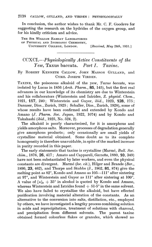CCXCI.—Physiologically active constituents of the yew, taxus baccata. Part I. Taxine