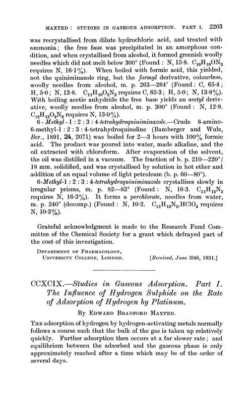 CCXCIX.—Studies in gaseous adsorption. Part I. The influence of hydrogen sulphide on the rate of adsorption of hydrogen by platinum