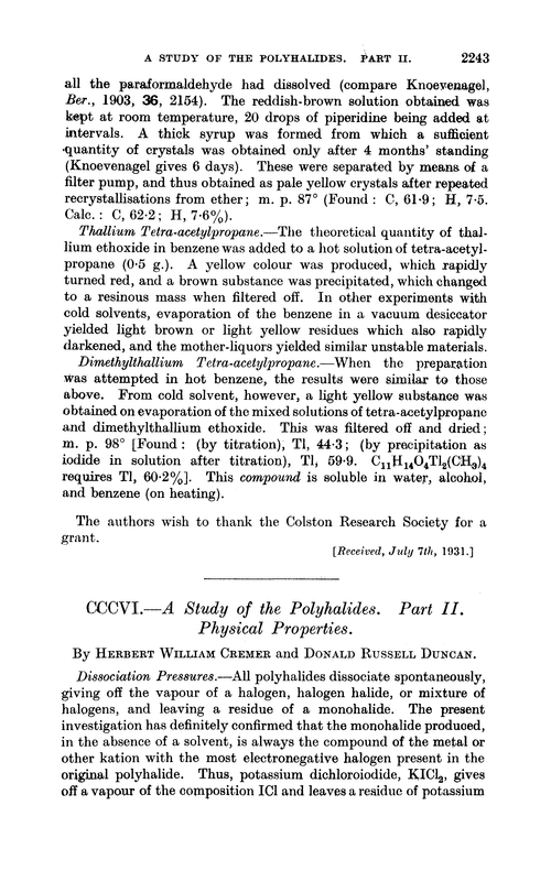 CCCVI.—A study of the polyhalides. Part II. Physical properties