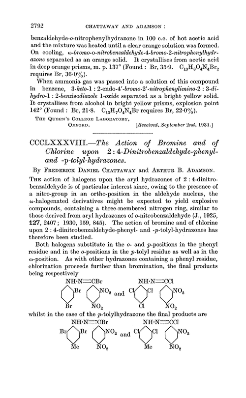 CCCLXXXVIII.—The action of bromine and of chlorine upon 2 : 4-dinitrobenzaldehyde-phenyl- and -p-tolyl-hydrazones
