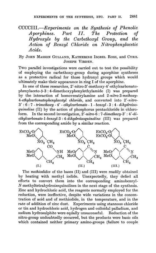CCCCIII.—Experiments on the synthesis of phenolic aporphines. Part II. The protection of hydroxyls by the carbethoxyl group, and the action of benzyl chloride on nitrophenylacetic acids