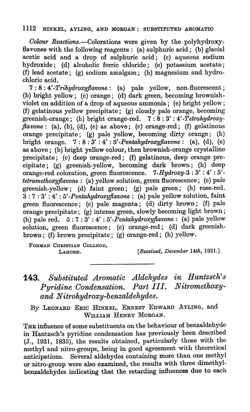 143. Substituted aromatic aldehydes in Hantzsch's pyridine condensation. Part III. Nitromethoxy- and nitrohydroxy-benzaldehydes