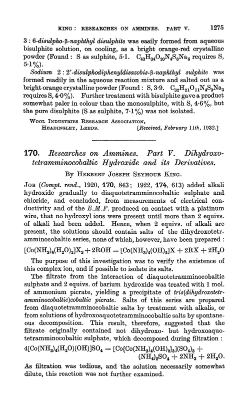 170. Researches on ammines. Part V. Dihydroxotetramminocobaltic hydroxide and its derivatives
