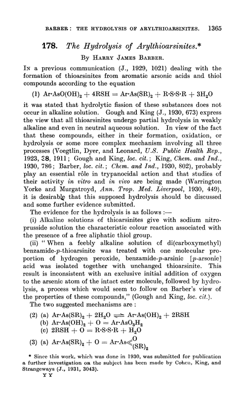 178. The hydrolysis of arylthioarsinites