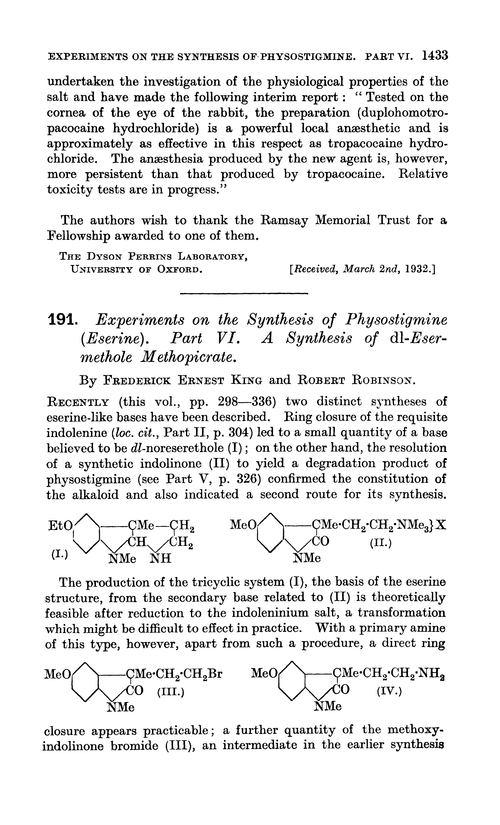 191. Experiments on the synthesis of physostigmine (eserine). Part VI. A synthesis of dl-eser-methole methopicrate