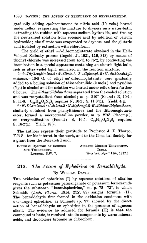 213. The action of ephedrine on benzaldehyde