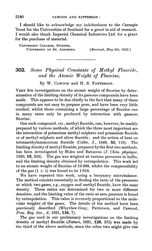 302. Some physical constants of methyl fluoride, and the atomic weight of fluorine