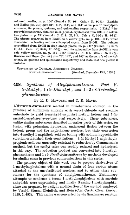 408. Synthesis of alkylphenanthrenes. Part V. 9-Methyl-, 1 : 9-dimethyl-, and 1 : 2 : 8-trimethyl-phenanthrenes