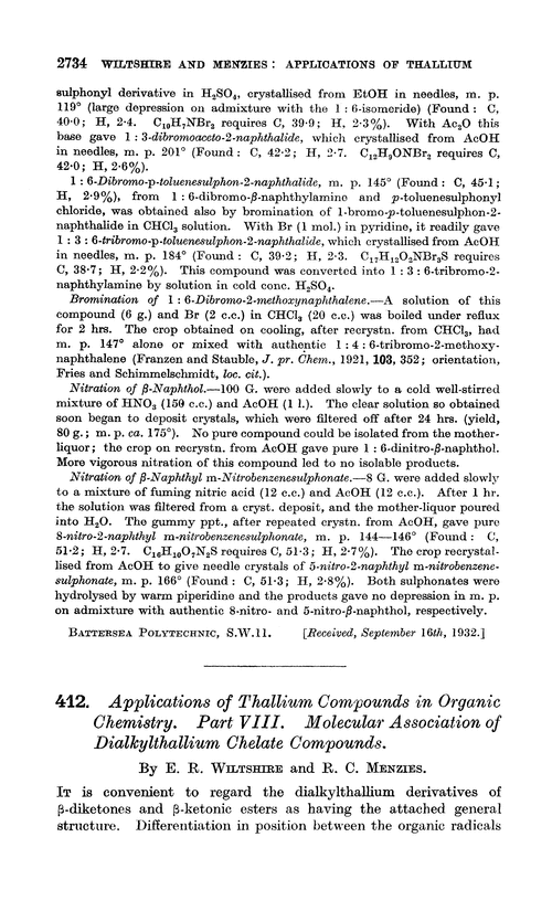 412. Applications of thallium compounds in organic chemistry. Part VIII. Molecular association of dialkylthallium chelate compounds