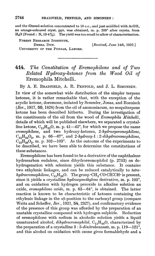 414. The constitution of eremophilone and of two related hydroxy-ketones from the wood oil of Eremophila Mitchelli