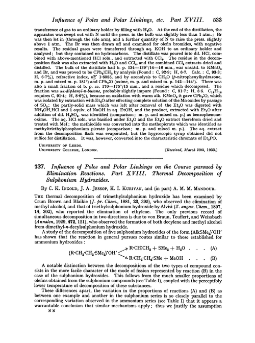 137. Influence of poles and polar linkings on the course pursued by elimination reactions. Part XVIII. Thermal decomposition of sulphonium hydroxides