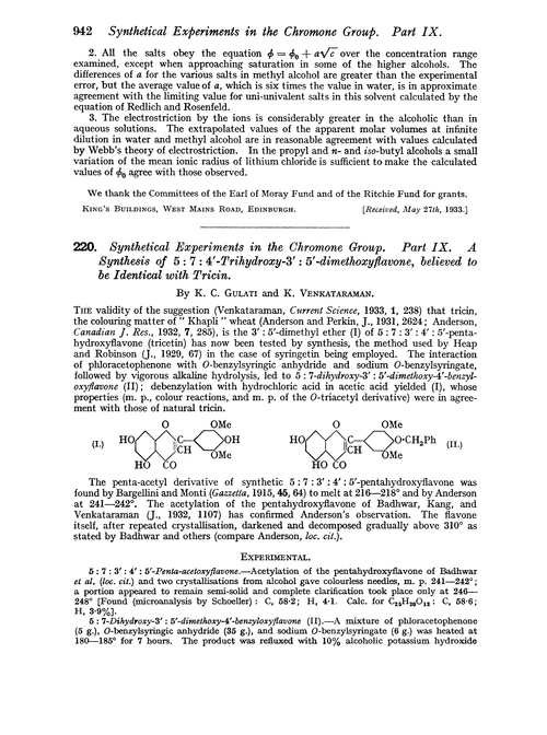 220. Synthetical experiments in the chromone group. Part IX. A synthesis of 5 : 7 : 4′-trihydroxy-3′ : 5′-dimethoxyflavone, believed to be identical with tricin