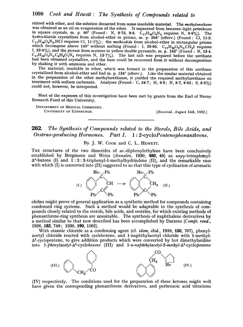 262. The synthesis of compounds related to the sterols, bile acids, and oestrus-producing hormones. Part I. 1 : 2-cycloPentenophenanthrene