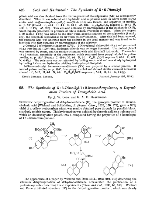 98. The synthesis of 5 : 6-dimethyl-1 : 2-benzanthraquinone, a degradation product of deoxycholic acid