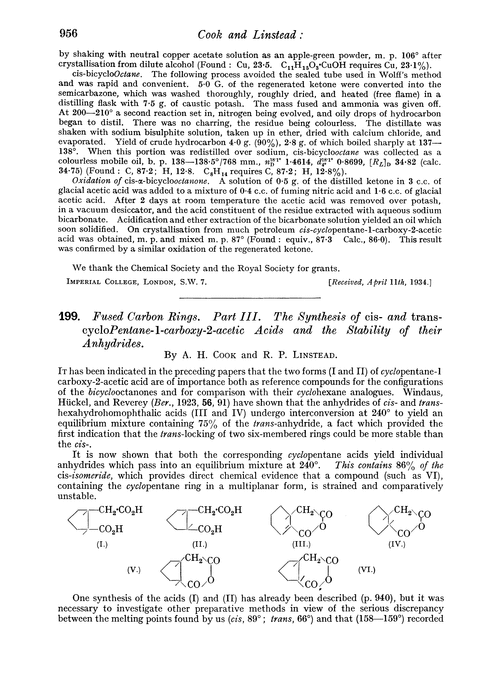 199. Fused carbon rings. Part III. The synthesis of cis- and trans-cyclopentane-1-carboxy-2-acetic acids and the stability of their anhydrides