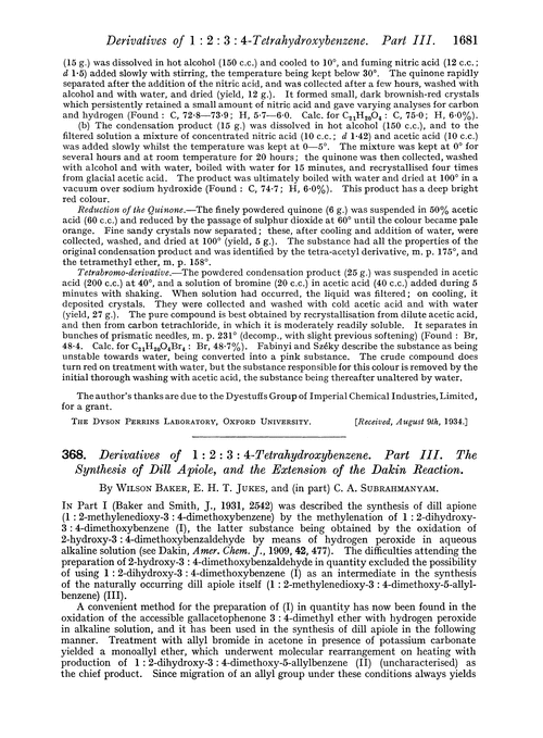 368. Derivatives of 1 : 2 : 3 : 4-tetrahydroxybenzene. Part III. The synthesis of dill apiole, and the extension of the Dakin reaction