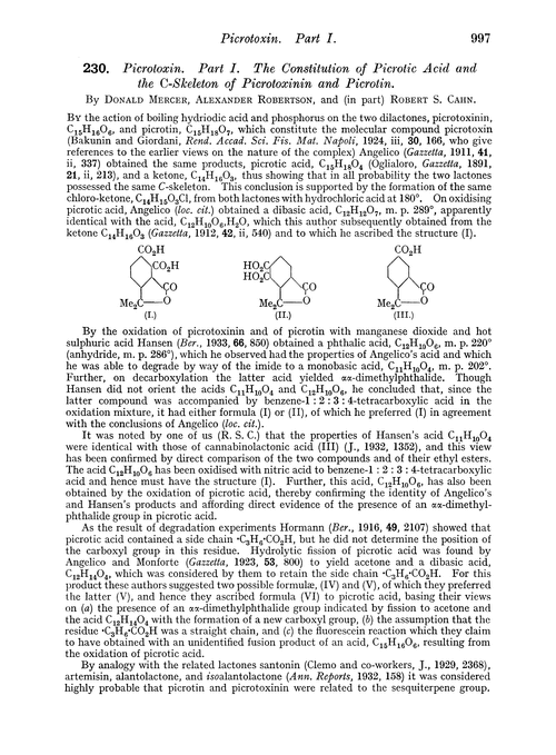 230. Picrotoxin. Part I. The constitution of picrotic acid and the C-skeleton of picrotoxinin and picrotin