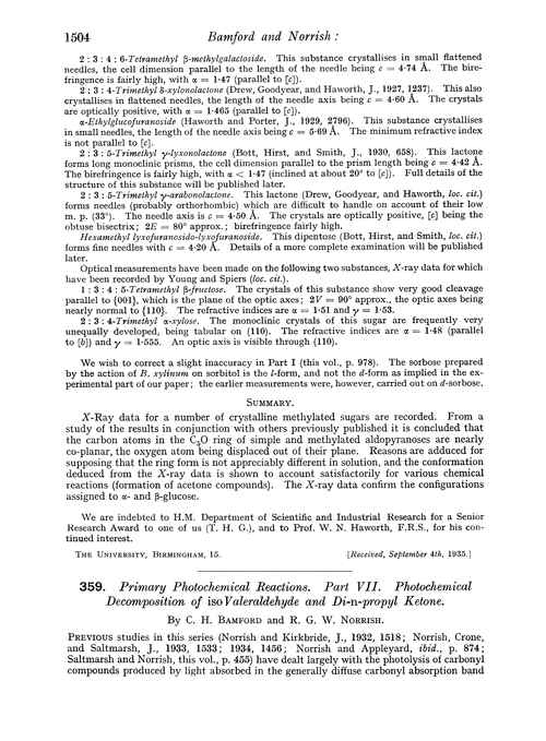 359. Primary photochemical reactions. Part VII. Photochemical decomposition of isovaleraldehyde and di-n-propyl ketone
