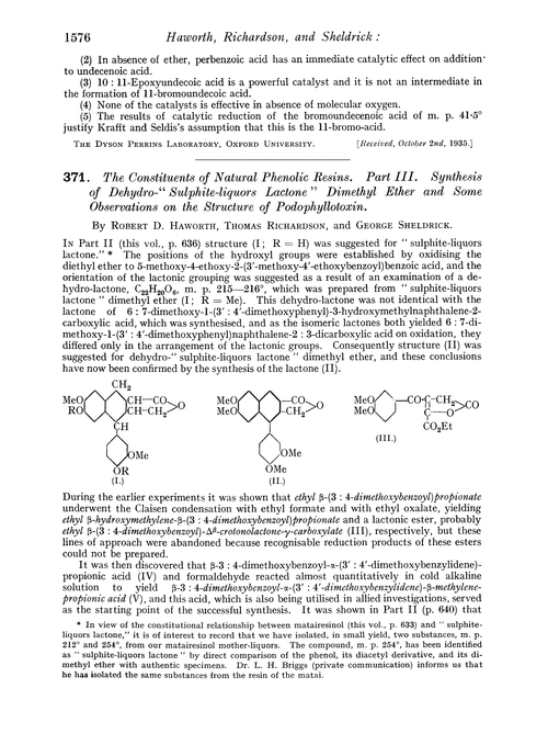 371. The constituents of natural phenolic resins. Part III. Synthesis of dehydro-“sulphite-liquors lactone” dimethyl ether and some observations on the structure of podophyllotoxin