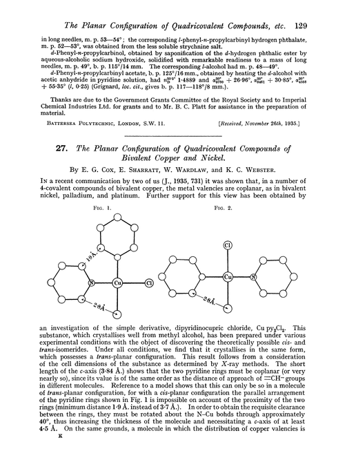 27. The planar configuration of quadricovalent compounds of bivalent copper and nickel