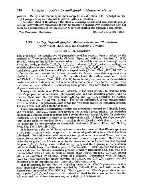 160. X-ray crystallographic measurements on phrenosinic (cerebronic) acid and its oxidation product