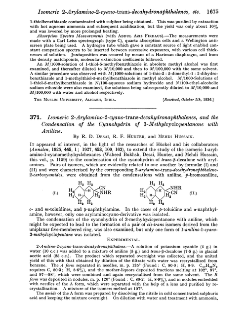 371. Isomeric 2-arylamino-2-cyano-trans-decahydronaphthalenes, and the condensation of the cyanohydrin of 3-methylcyclopentanone with aniline