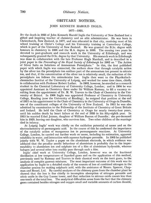 Obituary notices: John Kenneth Harold Inglis, 1877–1935; Thomas Martin Lowry, 1874–1936; Camille Matignon, 1867–1934; Julius Arthur Nieuwland, 1878–1936; P. A. Ellis Richards, 1868–1936; Percy Richard Sanders, 1875–1937