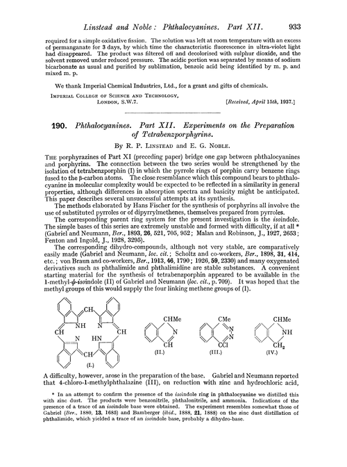 190. Phthalocyanines. Part XII. Experiments on the preparation of tetrabenzporphyrins